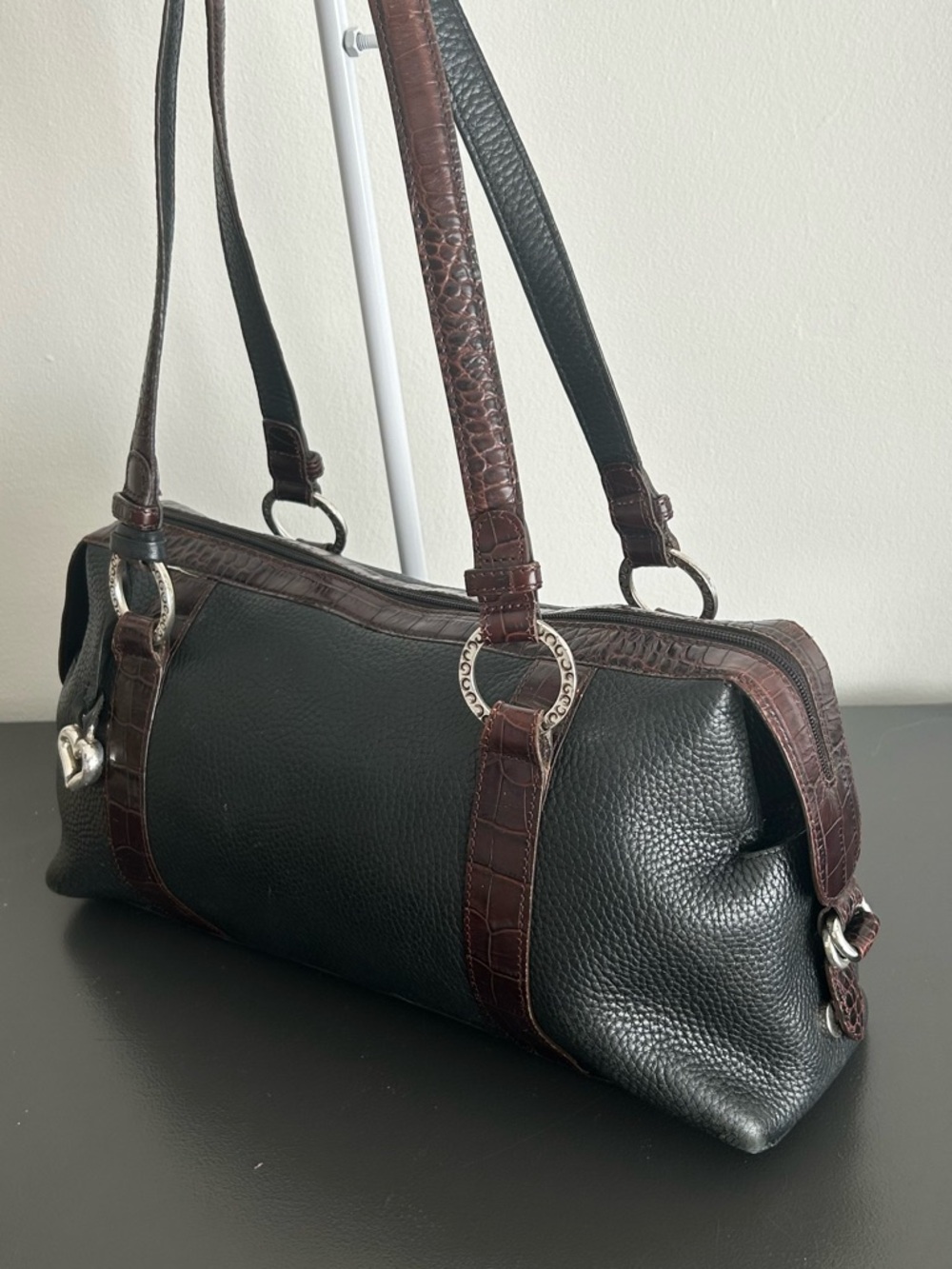 Brighton Black Pebbled Leather shoulder bag Croc Embossed structured purse - Picture 3 of 9